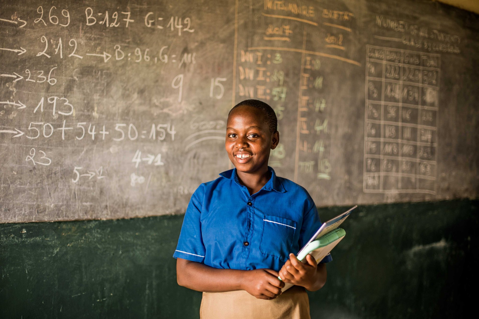 Een schoolmeisje in Rwanda lacht naar de camera voor het schoolbord, met een schrift in de hand.
