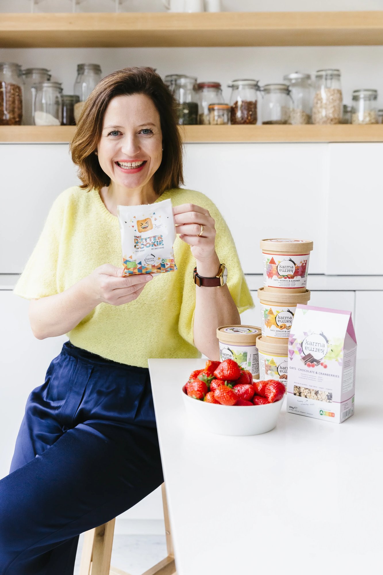 Oprichtster Griet van KarmaKarma met haar gezond ontbijt  